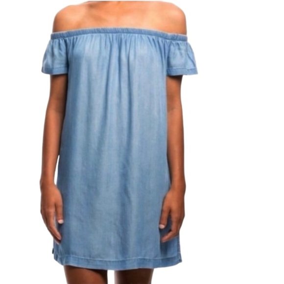 Cloth and Stone Blue Chambray Denim Tencel Lyocell Off Shoulder Mini Dress XS - Picture 1 of 11